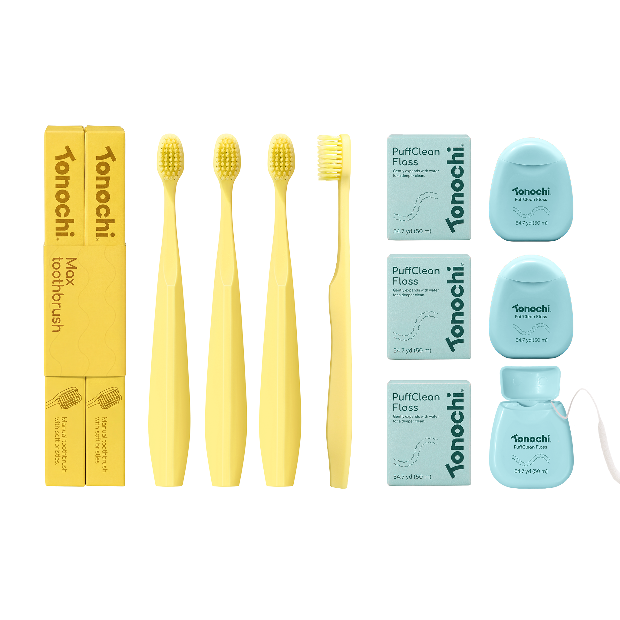 [Gentle Gum Care Set] • Max Toothbrush 4-Pack + PuffClean Floss 3-Pack