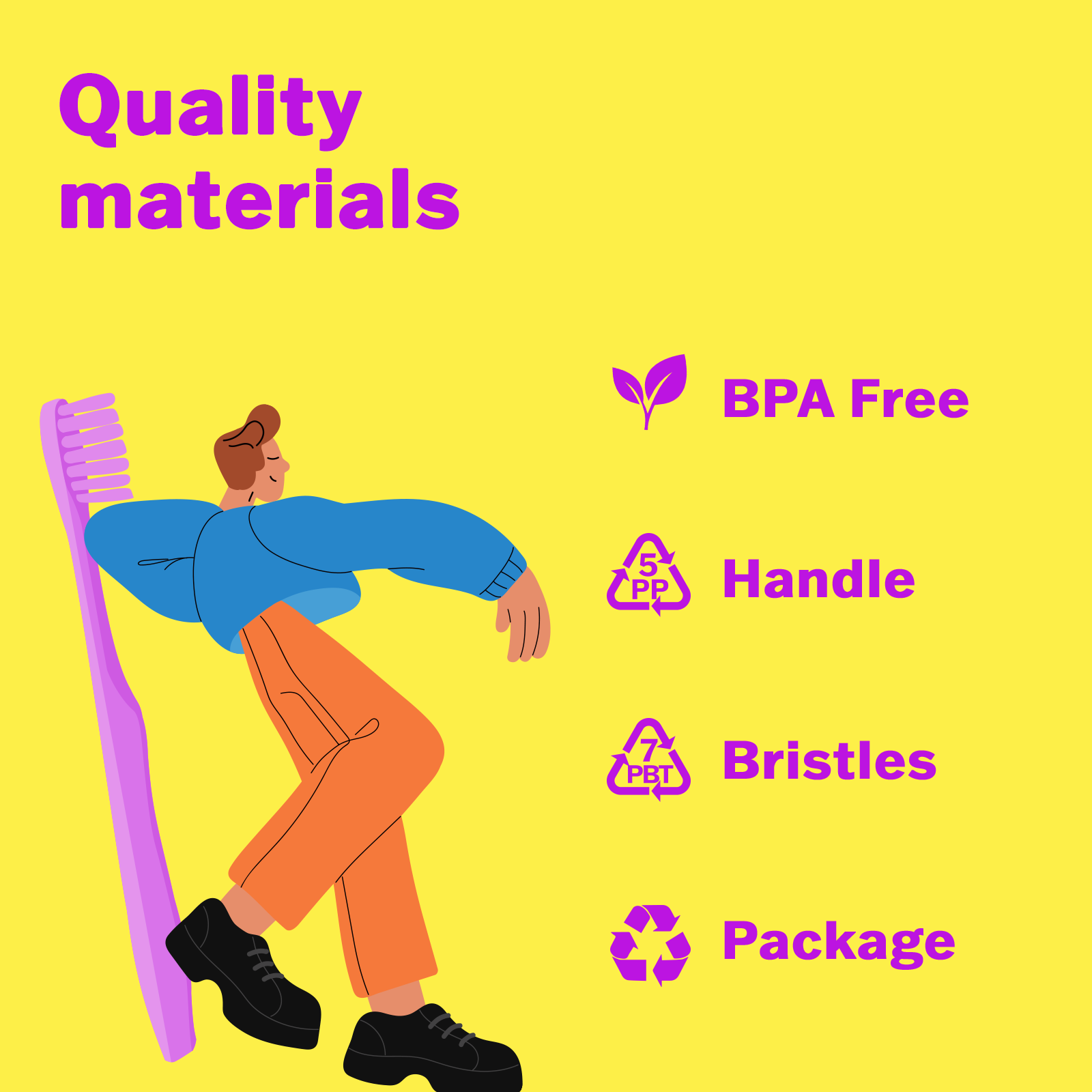 Person holding a large toothbrush with sustainability features listed on a yellow background