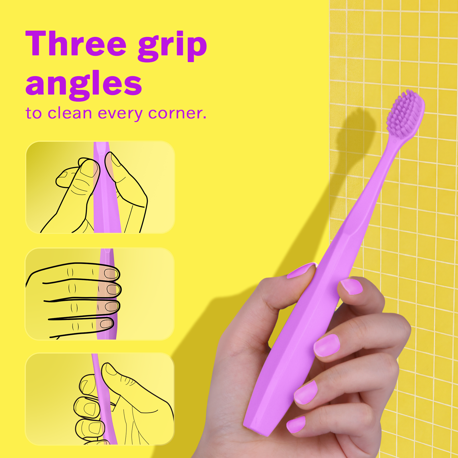 Ergonomic toothbrush handle in lavender, designed for a comfortable grip and precise cleaning control from 3 different angles.