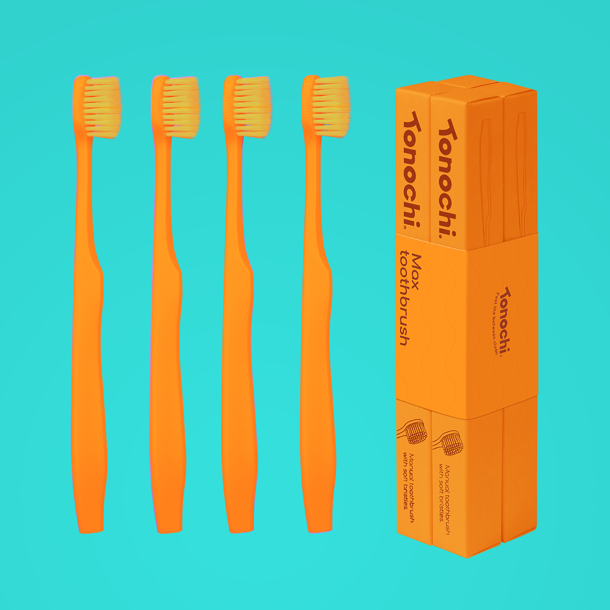 Tonochi Max Toothbrush 4-pack in sunset orange. Extra soft bristles for sensitive gums with colorful handles.
