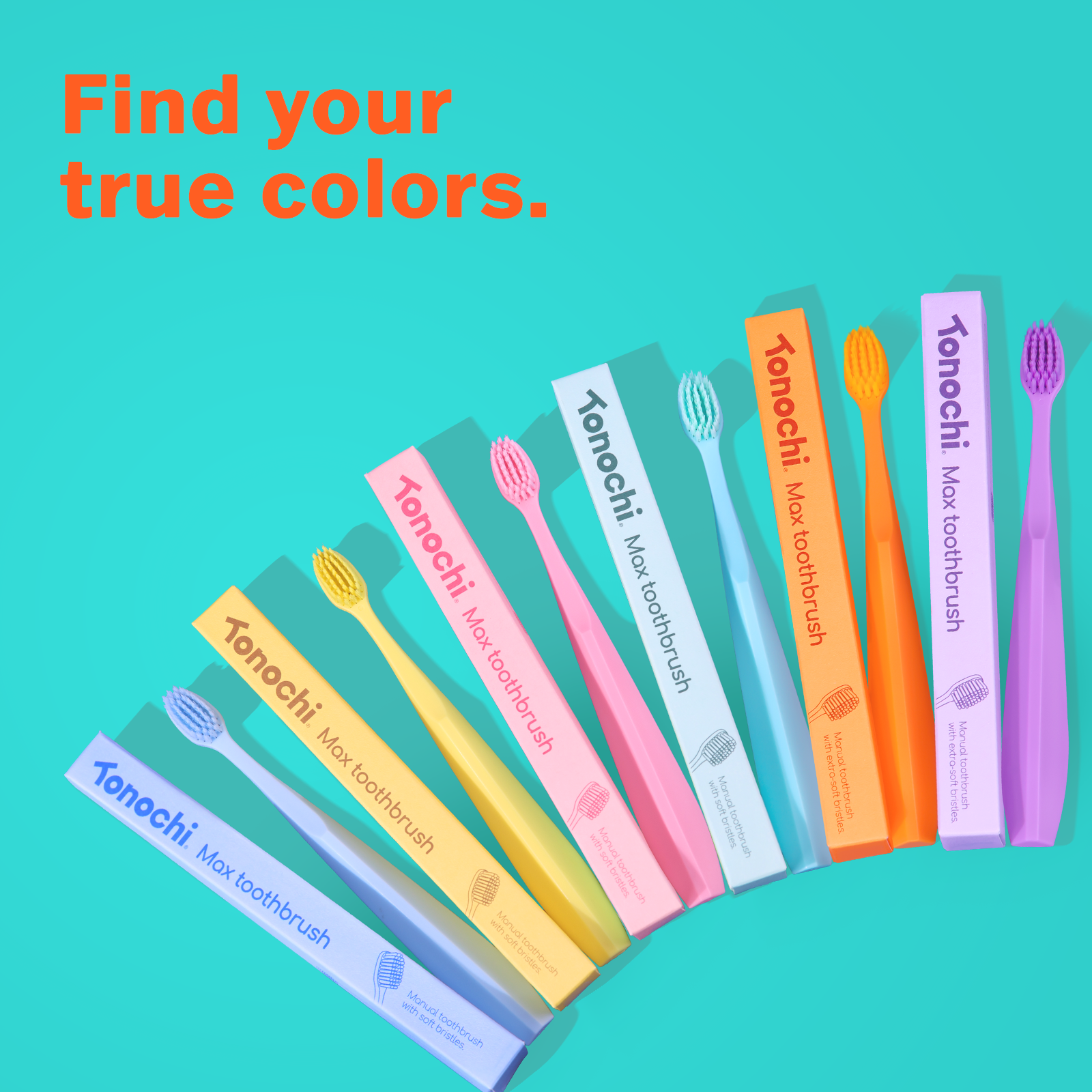 Six Tonochi Max toothbrushes in assorted Macaron colors: mint green, blush pink, sky blue, lemon yellow, sunset orange and lavender.