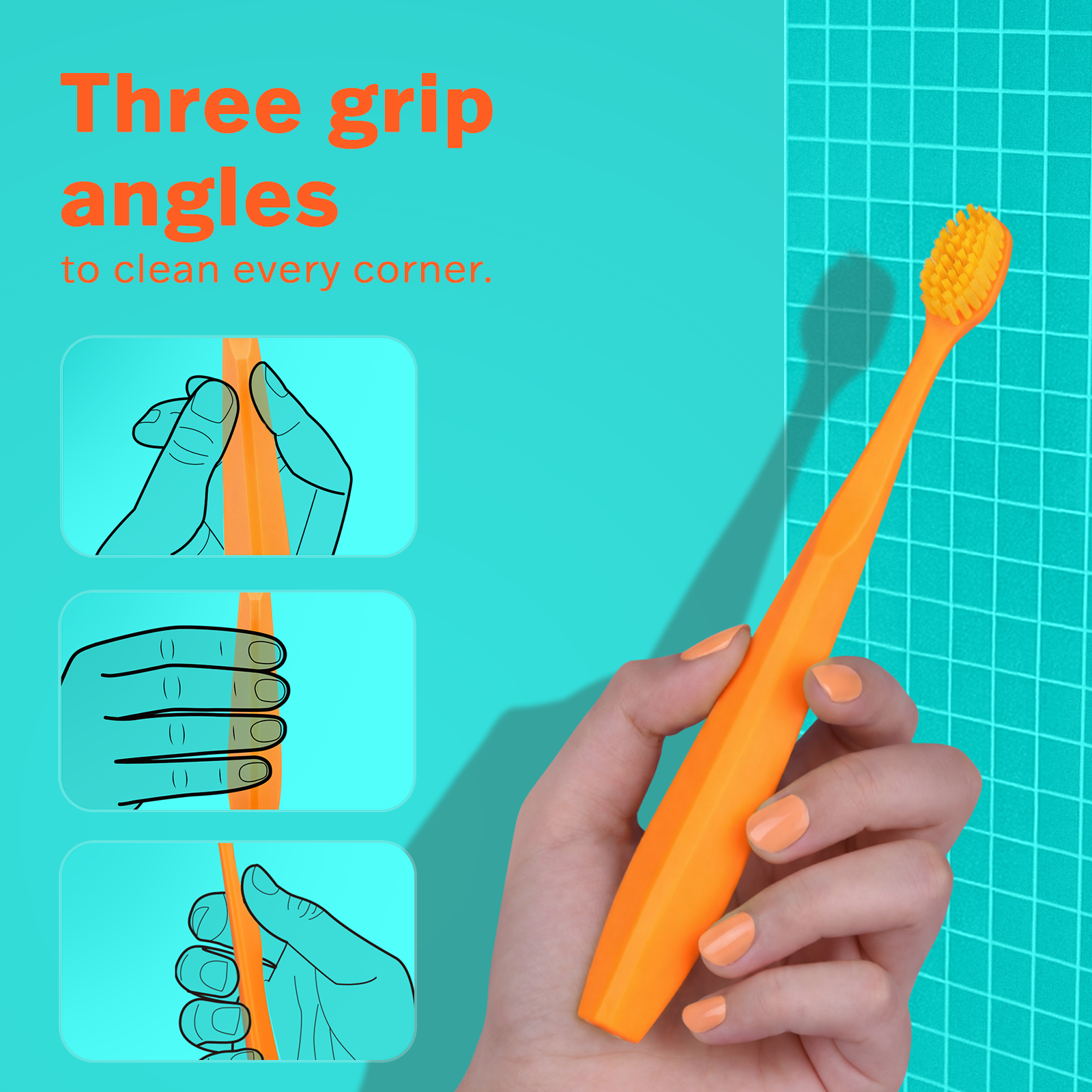 Ergonomic toothbrush handle in orange, designed for a comfortable grip and precise cleaning control from 3 different angles.