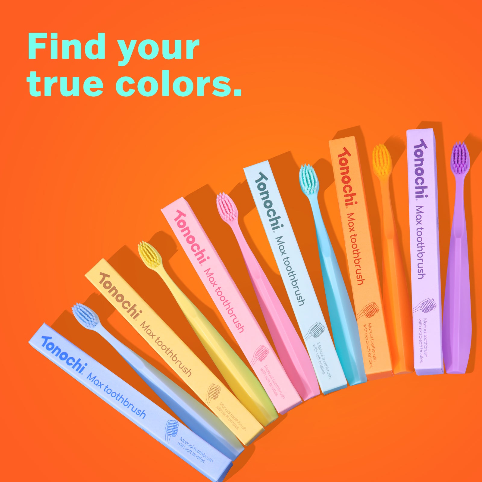Set of colorful Tonachi toothbrushes on an orange background with text 'Find your true colors'.