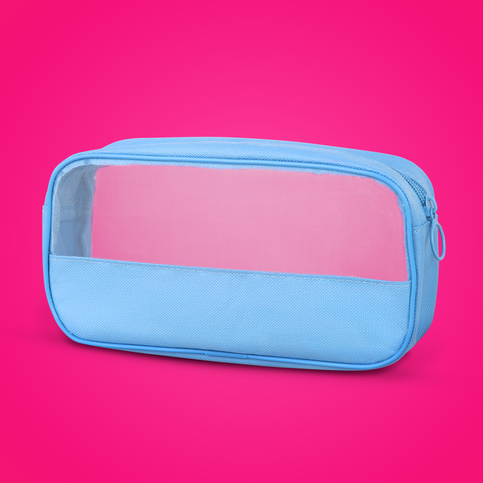 Blue and pink transparent pouch on a pink background