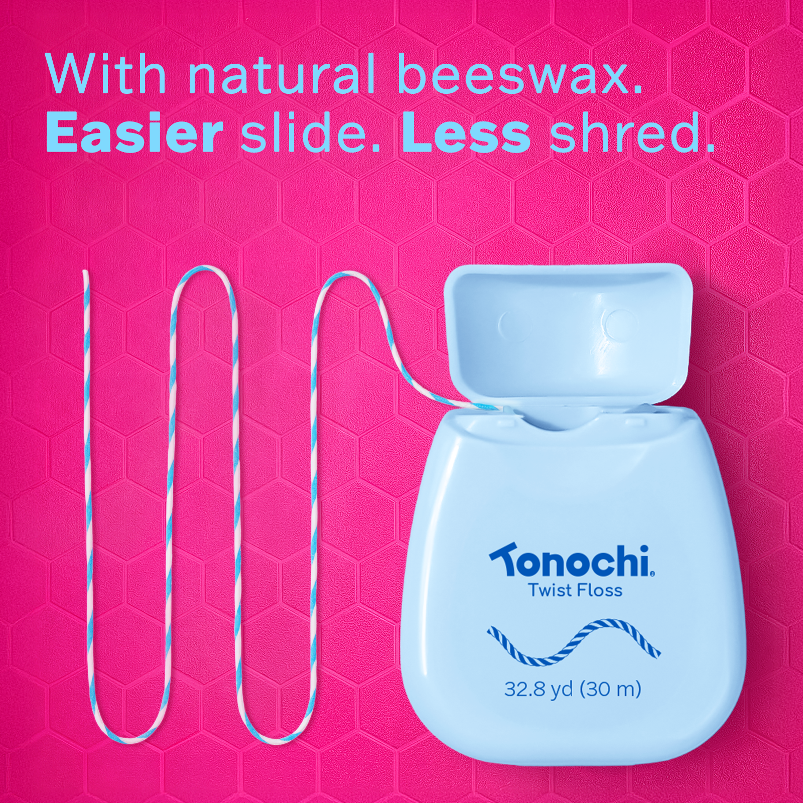 Illustration of braided Twist Floss coated in natural beeswax for a smooth, comfortable glide between teeth.