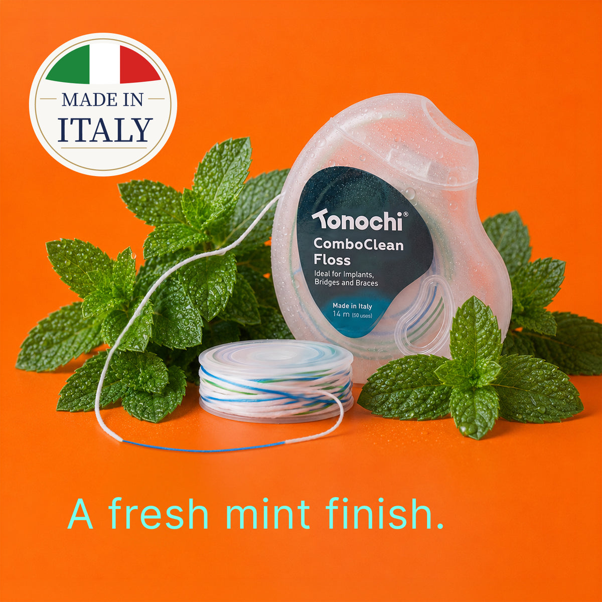ComboClean floss with fresh mint leaves, made in Italy: a fresh mint finish