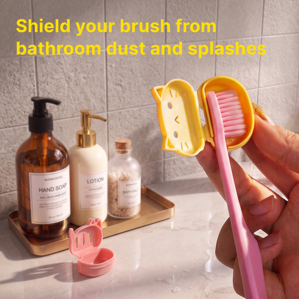 Mew Cap toothbrush cover shielding bristles from bathroom dust and splashes