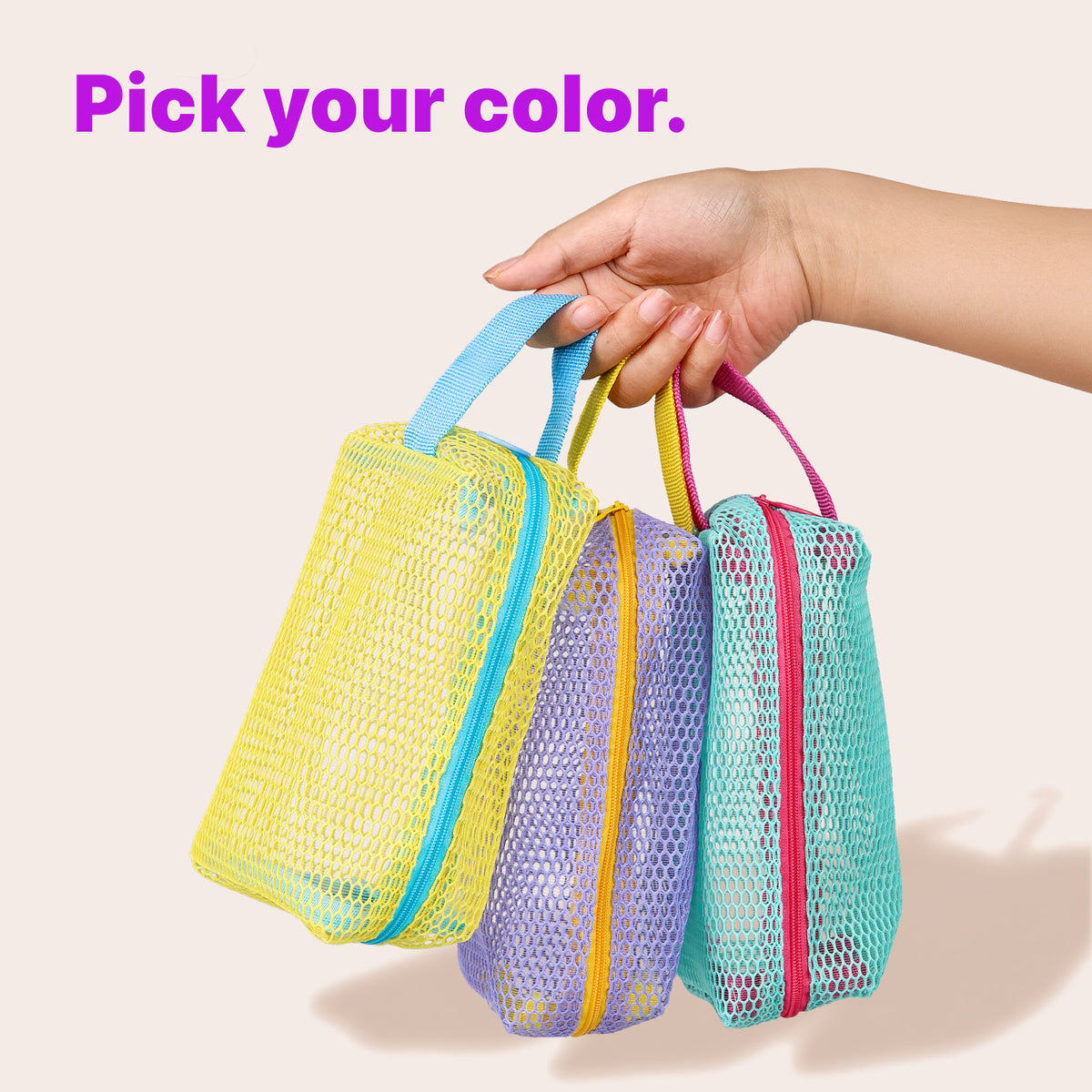 Three color-block mesh pouches with contrasting carry loops
