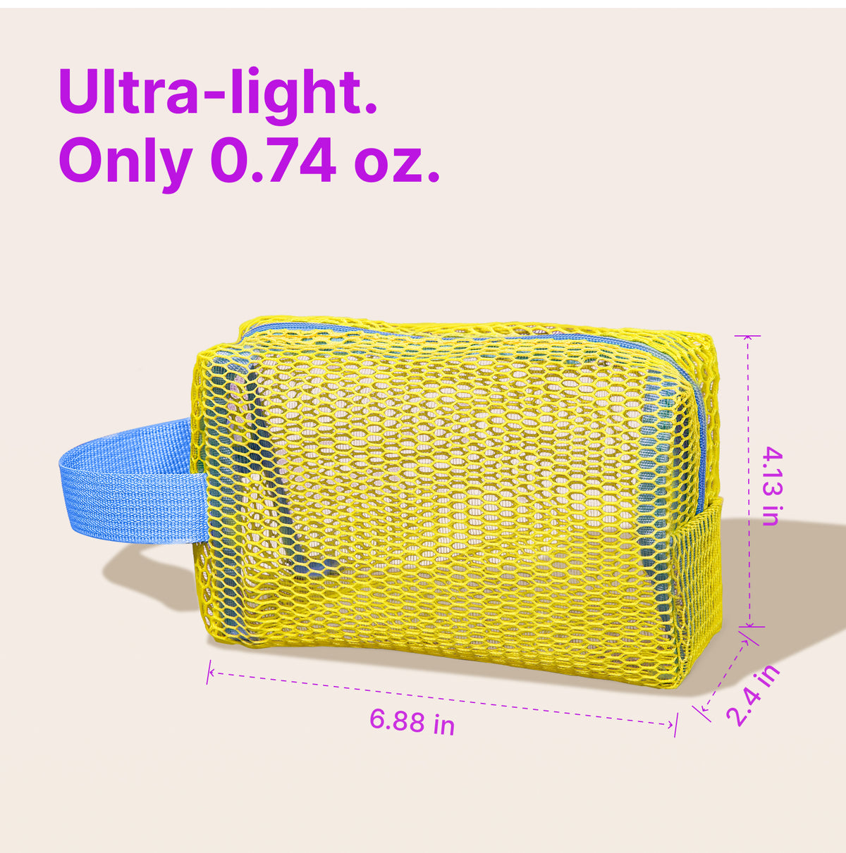 Single pouch measurements: 6.88 x 4.13 x 2.4 inches, image states 0.74 oz